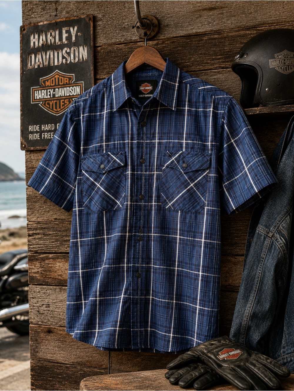 Harley-Davidson Blue Plaid Twill Work Shirt Men’s Large Snap Front Cotton